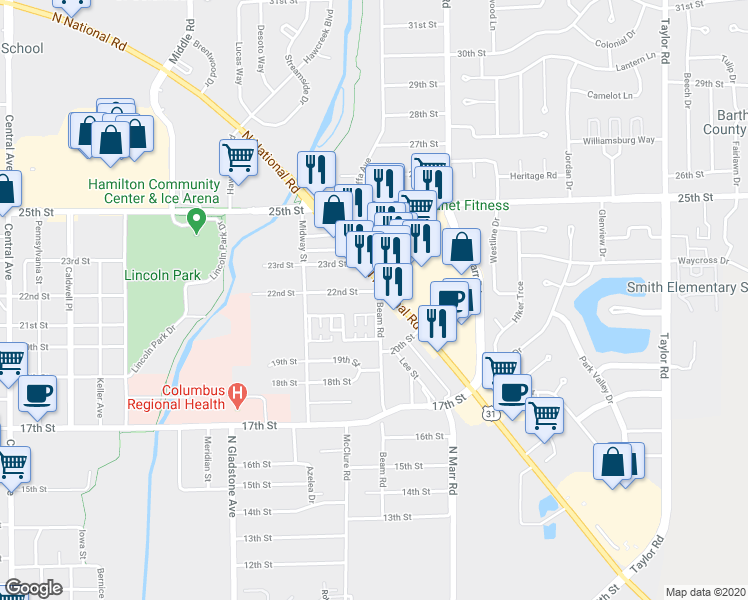 map of restaurants, bars, coffee shops, grocery stores, and more near 2200 North National Road in Columbus