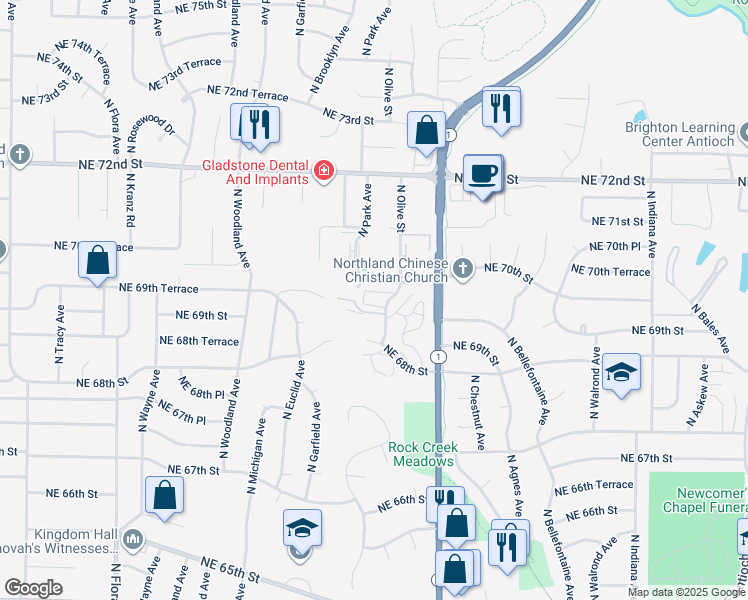 map of restaurants, bars, coffee shops, grocery stores, and more near 2324 Northeast 70th Street in Gladstone