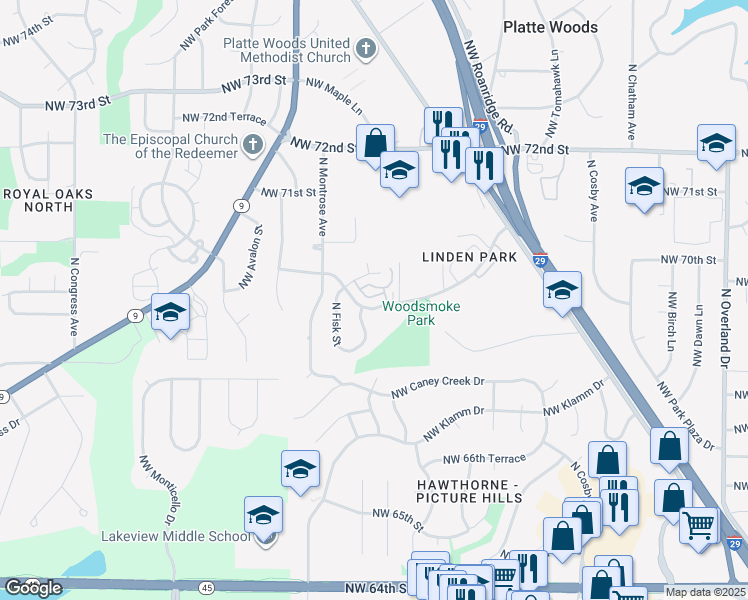map of restaurants, bars, coffee shops, grocery stores, and more near 7009 North Fisk Court in Kansas City