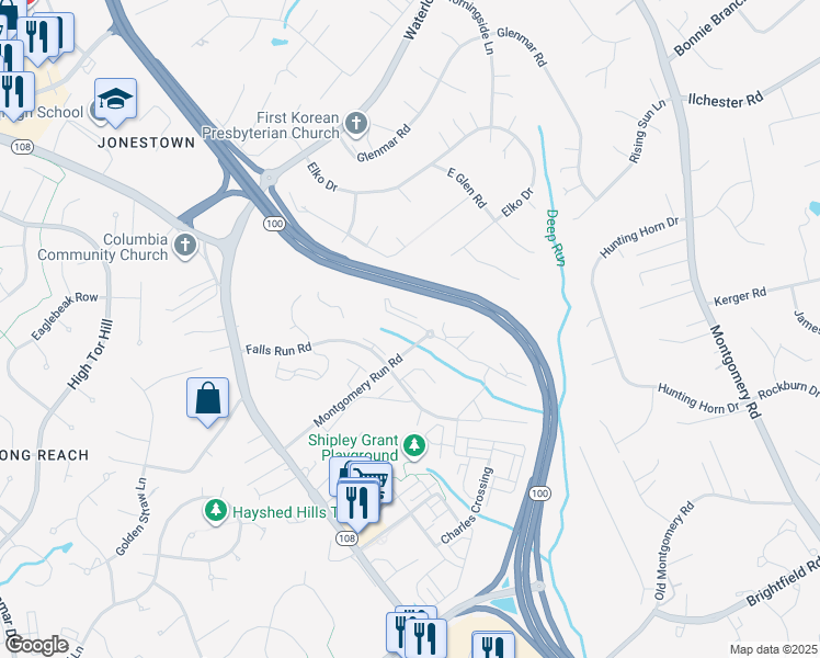 map of restaurants, bars, coffee shops, grocery stores, and more near 8360 Montgomery Run Road in Ellicott City