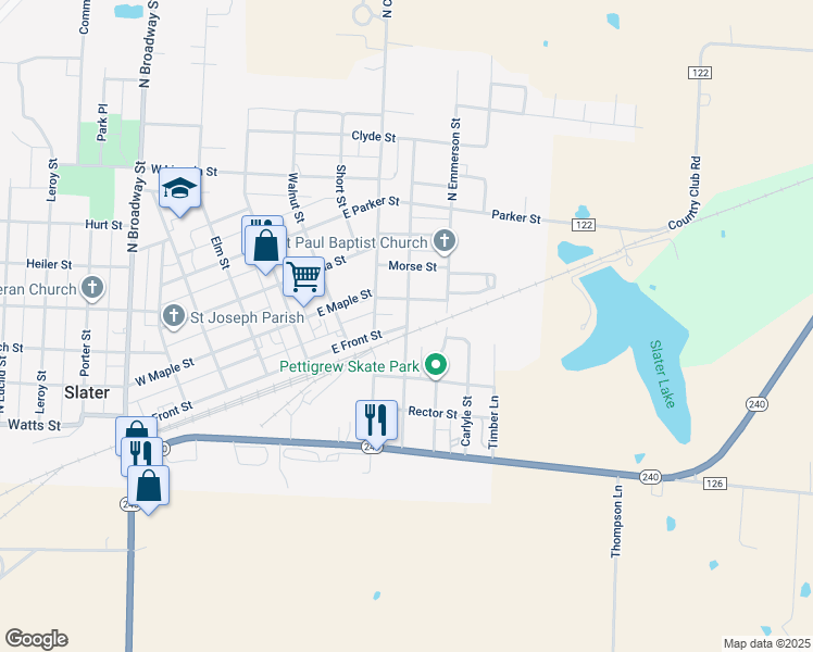 map of restaurants, bars, coffee shops, grocery stores, and more near 101 North Jefferson Street in Slater