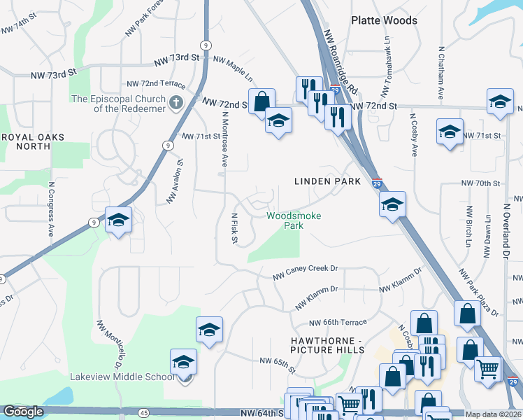 map of restaurants, bars, coffee shops, grocery stores, and more near 7009 North Fisk Court in Kansas City
