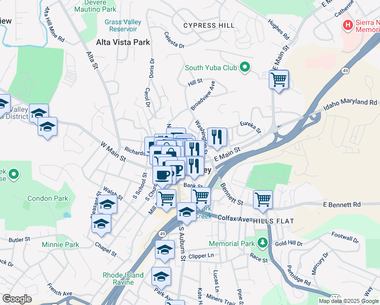map of restaurants, bars, coffee shops, grocery stores, and more near 124 Richardson Street in Grass Valley