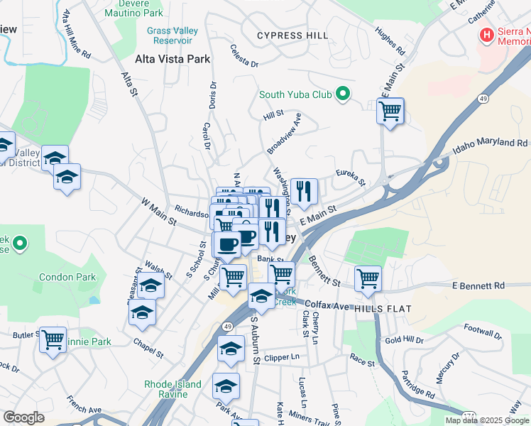 map of restaurants, bars, coffee shops, grocery stores, and more near 128 Wood Street in Grass Valley
