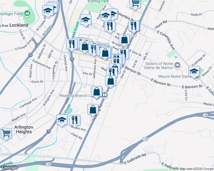 map of restaurants, bars, coffee shops, grocery stores, and more near 8789 Reading Road in Cincinnati