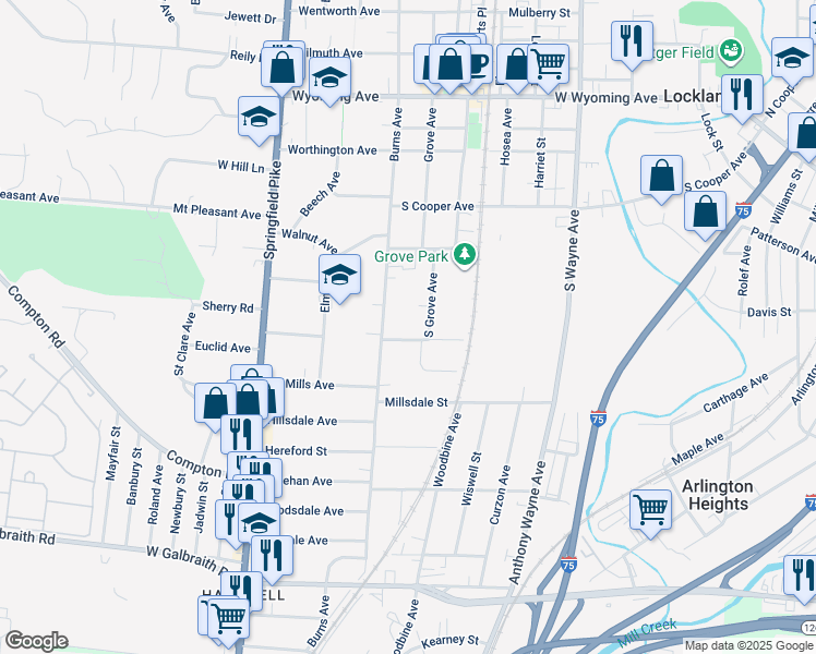 map of restaurants, bars, coffee shops, grocery stores, and more near 120 Burns Avenue in Cincinnati