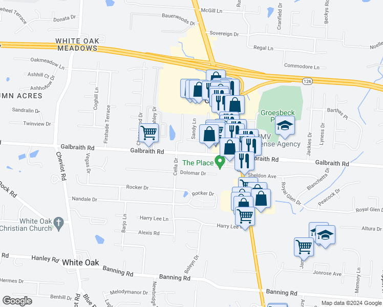 map of restaurants, bars, coffee shops, grocery stores, and more near 3260 Galbraith Road in Cincinnati