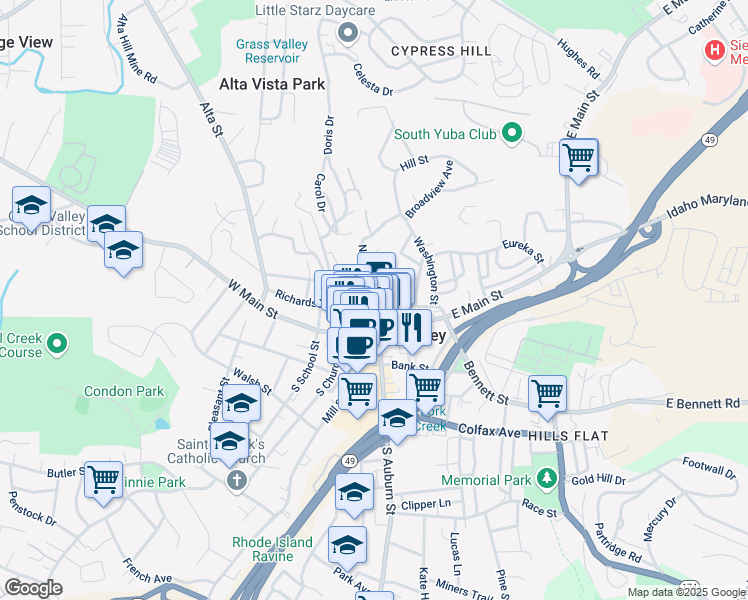 map of restaurants, bars, coffee shops, grocery stores, and more near 102 Richardson Street in Grass Valley