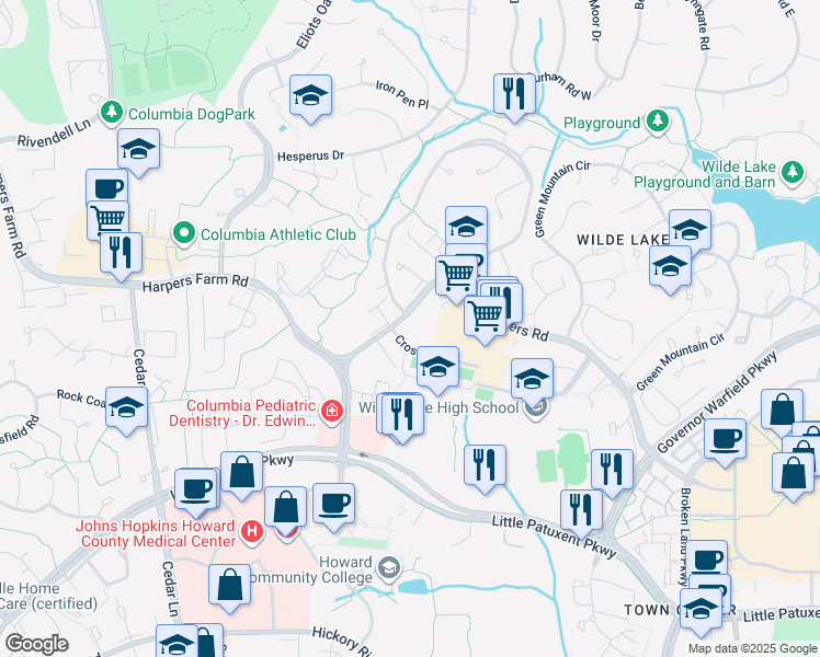 map of restaurants, bars, coffee shops, grocery stores, and more near 10534 Cross Fox Lane in Columbia