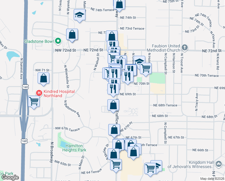 map of restaurants, bars, coffee shops, grocery stores, and more near 6902 North Oak Trafficway in Gladstone