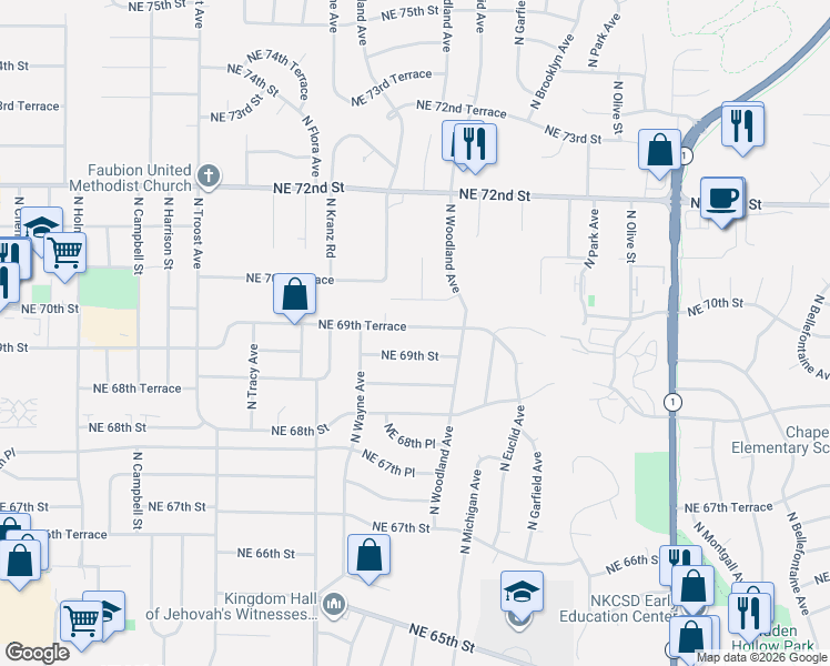 map of restaurants, bars, coffee shops, grocery stores, and more near 1706 Northeast 69th Terrace in Kansas City