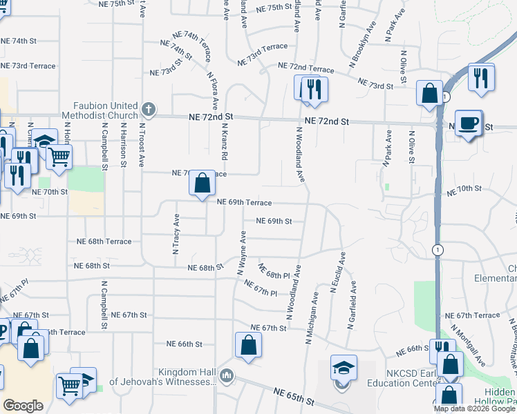 map of restaurants, bars, coffee shops, grocery stores, and more near 1603 Northeast 69th Terrace in Kansas City