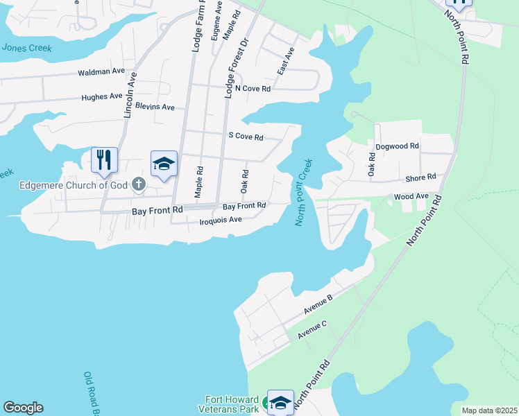 map of restaurants, bars, coffee shops, grocery stores, and more near 7719 Bay Front Road in Edgemere
