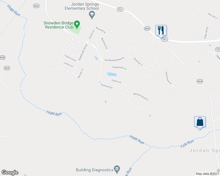 map of restaurants, bars, coffee shops, grocery stores, and more near 206 Parkland Drive in Stephenson