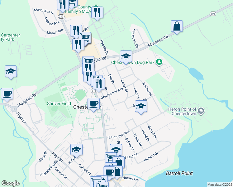 map of restaurants, bars, coffee shops, grocery stores, and more near 206 Greenwood Avenue in Chestertown