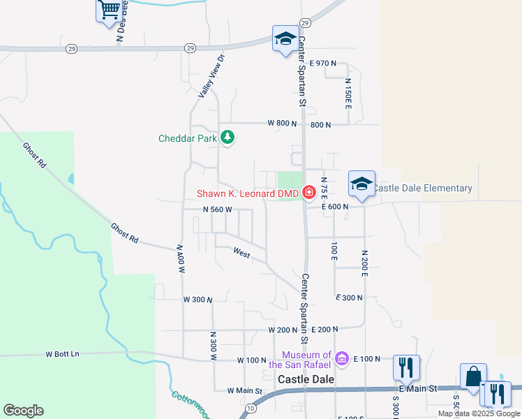 map of restaurants, bars, coffee shops, grocery stores, and more near 595 Esquire Parkway in Castle Dale