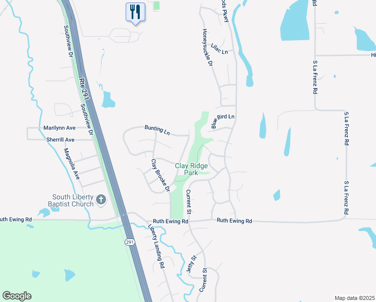 map of restaurants, bars, coffee shops, grocery stores, and more near 1825 Mourning Dove Drive in Liberty