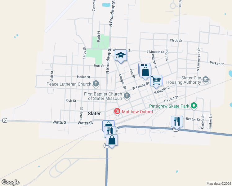 map of restaurants, bars, coffee shops, grocery stores, and more near 304 Locust Street in Slater