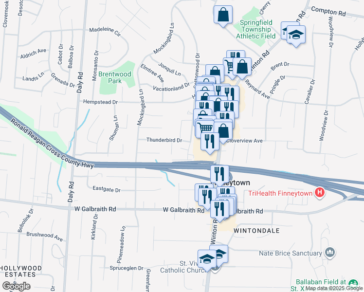 map of restaurants, bars, coffee shops, grocery stores, and more near 8436 Cottonwood Drive in Cincinnati
