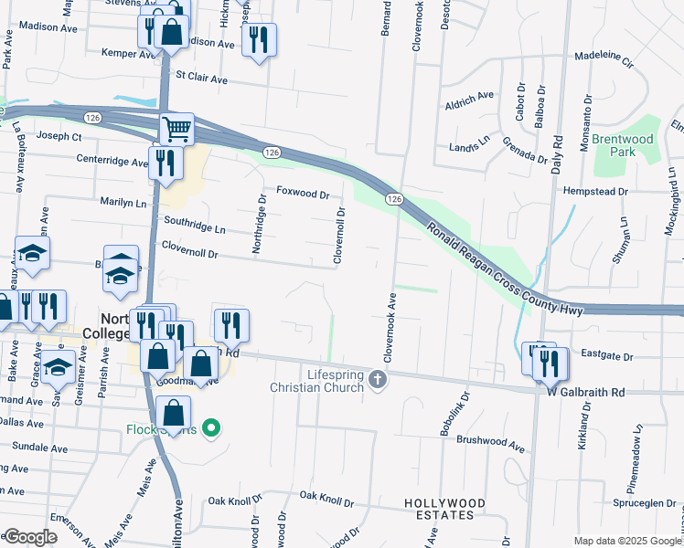 map of restaurants, bars, coffee shops, grocery stores, and more near 7004 Clovernoll Drive in Cincinnati