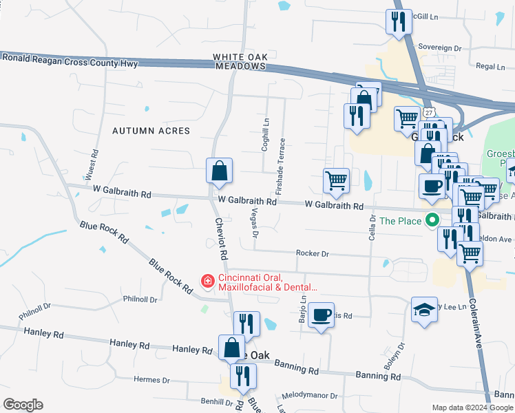 map of restaurants, bars, coffee shops, grocery stores, and more near 3516 Galbraith Road in Cincinnati