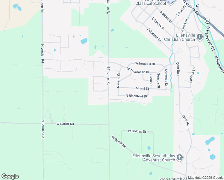 map of restaurants, bars, coffee shops, grocery stores, and more near 1854 Navaho Drive in Ellettsville