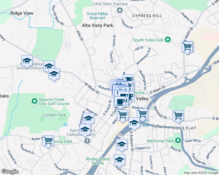 map of restaurants, bars, coffee shops, grocery stores, and more near 408 Richardson Street in Grass Valley