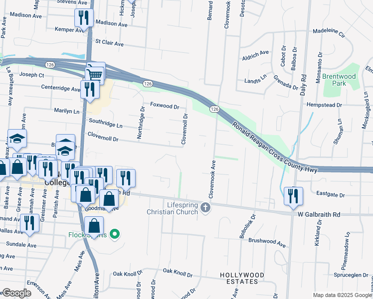 map of restaurants, bars, coffee shops, grocery stores, and more near 7004 Clovernoll Drive in Cincinnati