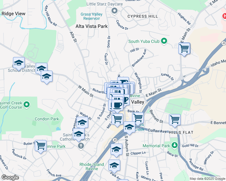 map of restaurants, bars, coffee shops, grocery stores, and more near 207 North Church Street in Grass Valley