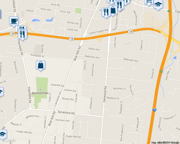 map of restaurants, bars, coffee shops, grocery stores, and more near 8907 Summit Avenue in Cincinnati