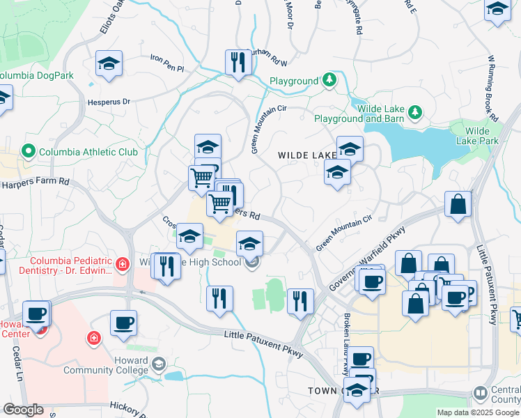map of restaurants, bars, coffee shops, grocery stores, and more near 10850 Green Mountain Circle in Columbia