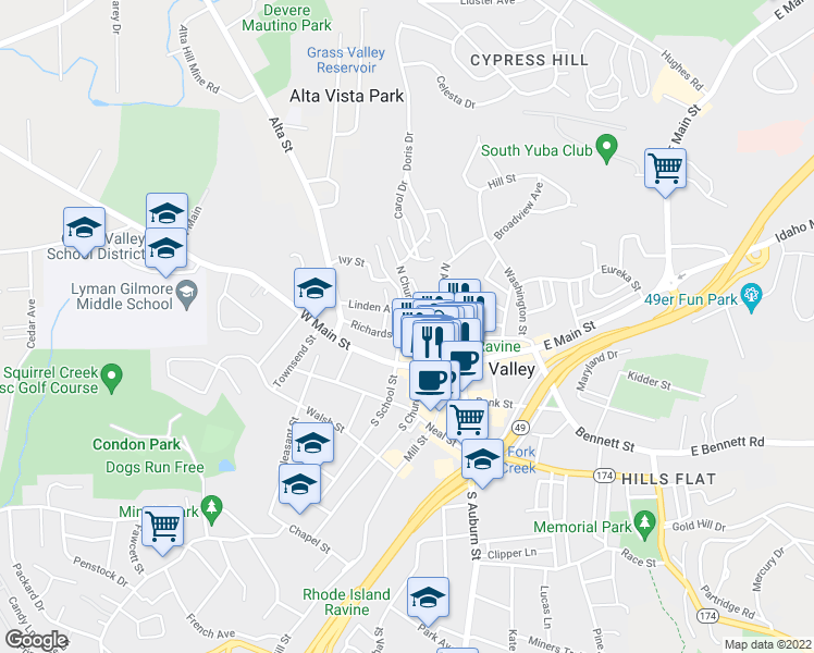 map of restaurants, bars, coffee shops, grocery stores, and more near 209 North School Street in Grass Valley