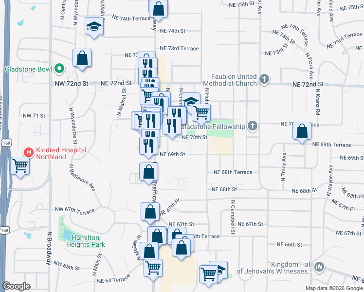 map of restaurants, bars, coffee shops, grocery stores, and more near 601 Northeast 70th Street in Gladstone