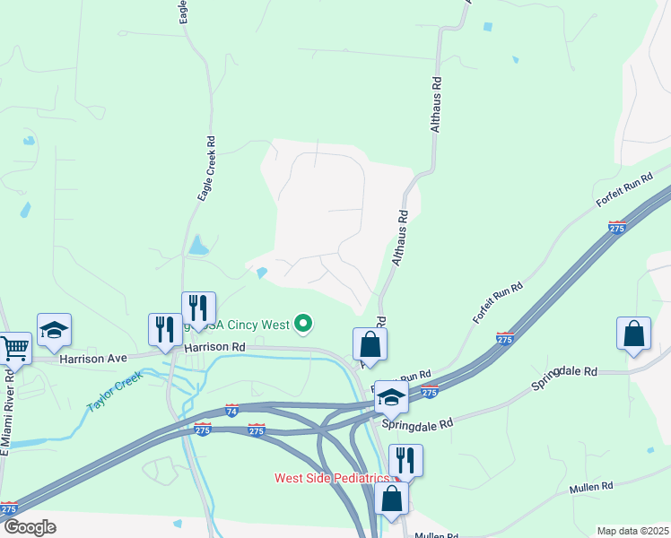 map of restaurants, bars, coffee shops, grocery stores, and more near 7660 Sun Ridge Lane in Cincinnati