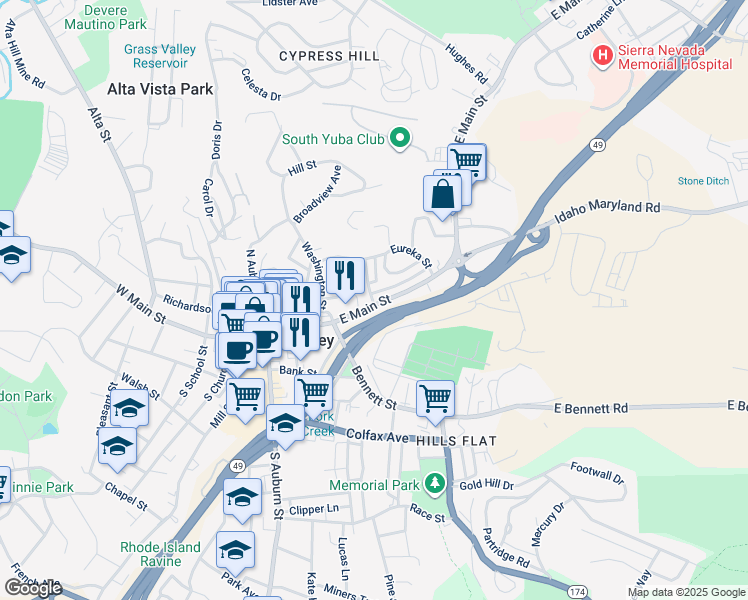 map of restaurants, bars, coffee shops, grocery stores, and more near 302 East Main Street in Grass Valley