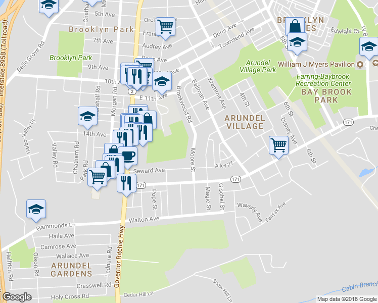 map of restaurants, bars, coffee shops, grocery stores, and more near 5516 Moore Street in Baltimore
