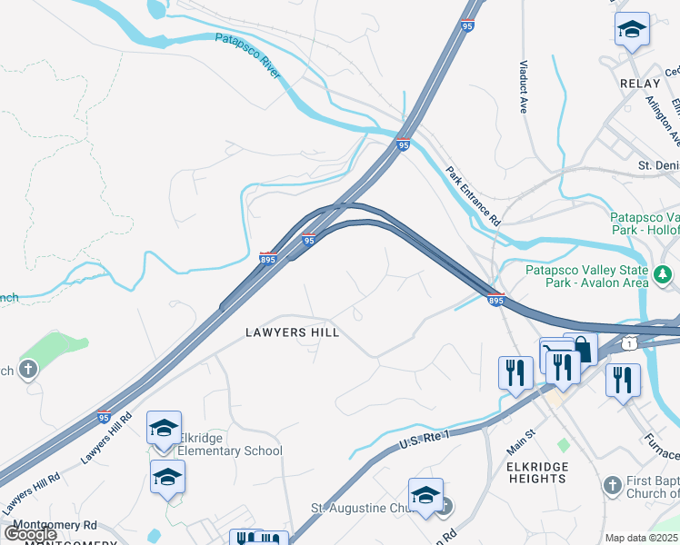 map of restaurants, bars, coffee shops, grocery stores, and more near 6064 Old Lawyers Hill Road in Elkridge