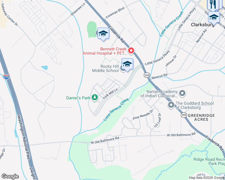 map of restaurants, bars, coffee shops, grocery stores, and more near 12723 York Mill Lane in Clarksburg