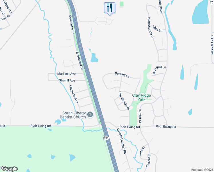 map of restaurants, bars, coffee shops, grocery stores, and more near 921 Swallow Circle in Liberty