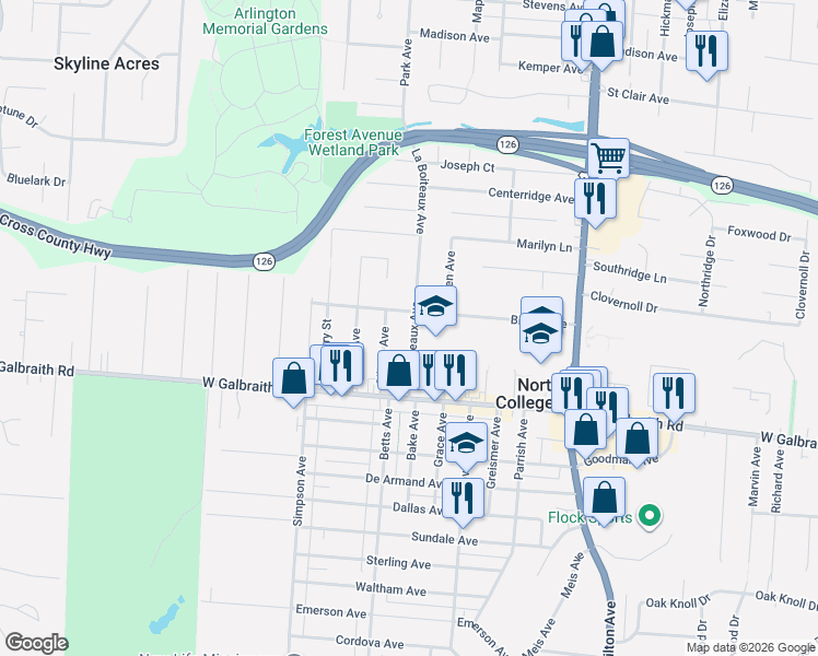 map of restaurants, bars, coffee shops, grocery stores, and more near 6960 Gilbert Avenue in North College Hill