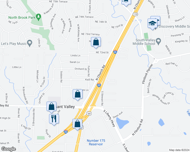 map of restaurants, bars, coffee shops, grocery stores, and more near 7006 North Church Road in Pleasant Valley