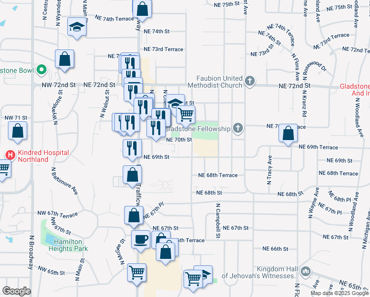 map of restaurants, bars, coffee shops, grocery stores, and more near 6910 North Holmes Street in Gladstone