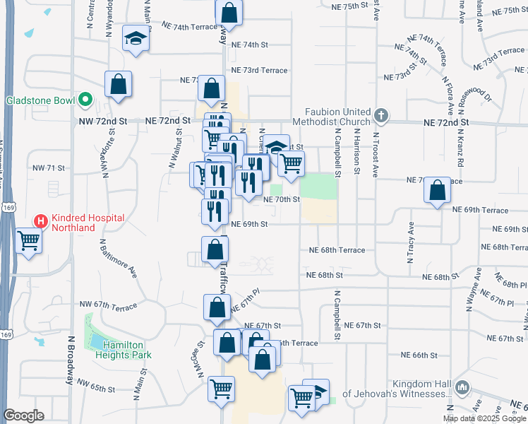 map of restaurants, bars, coffee shops, grocery stores, and more near in Kansas City