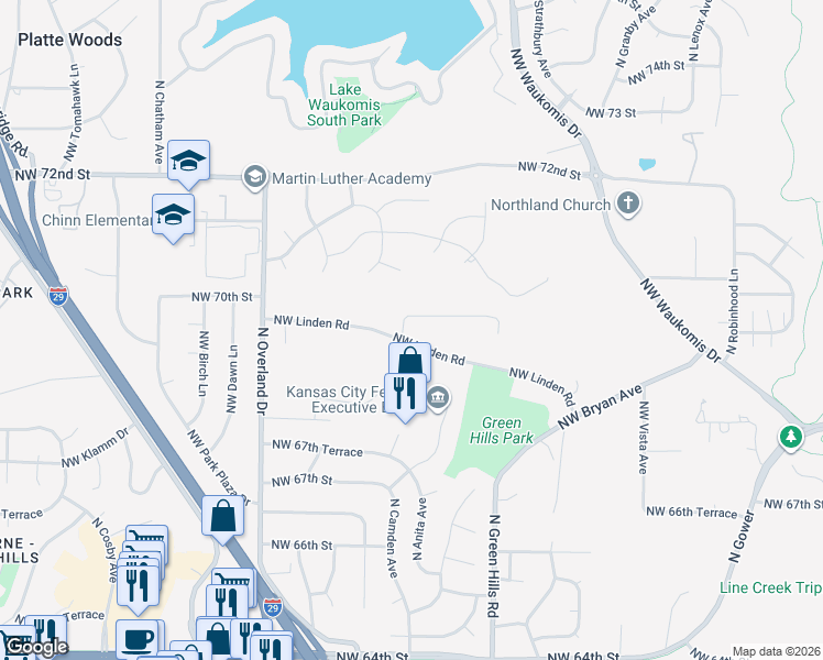 map of restaurants, bars, coffee shops, grocery stores, and more near 4709 Northwest Gleason Road in Kansas City