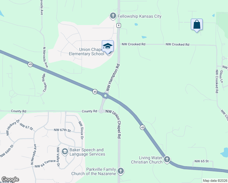 map of restaurants, bars, coffee shops, grocery stores, and more near 6764-7044 Northwest Hampton Road in Kansas City