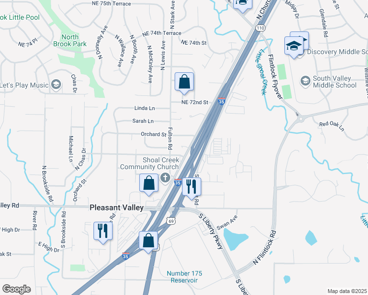 map of restaurants, bars, coffee shops, grocery stores, and more near 7006 North Church Road in Pleasant Valley