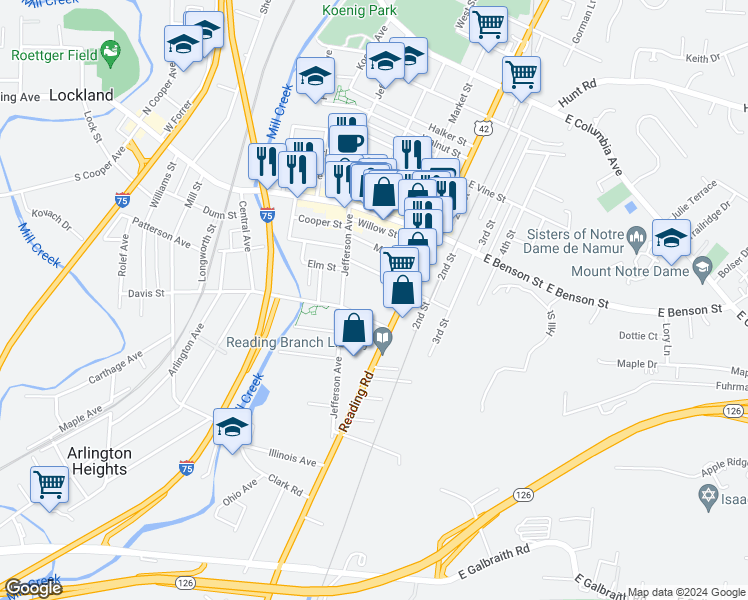 map of restaurants, bars, coffee shops, grocery stores, and more near 16 Koehler Avenue in Cincinnati