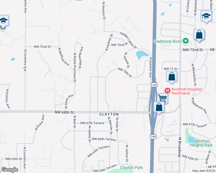 map of restaurants, bars, coffee shops, grocery stores, and more near 6917 North Mercier Street in Kansas City