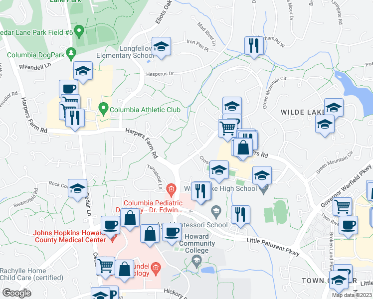 map of restaurants, bars, coffee shops, grocery stores, and more near 10582 Cross Fox Lane in Columbia