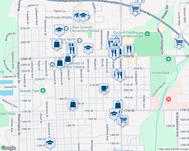 map of restaurants, bars, coffee shops, grocery stores, and more near 2209 Maple Street in Columbus